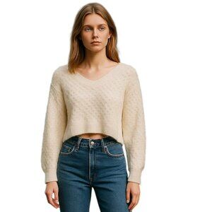 Volcom Ivory Textured Fuzzy V-Neck cropped Sweater Women’s Size L | NWT $70